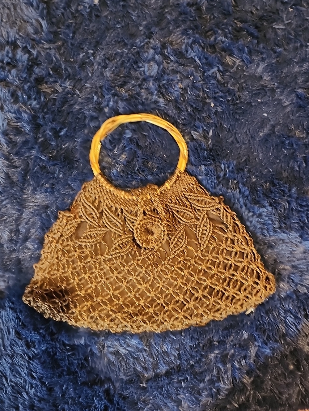 Woven Crochet Handbag with Bamboo Handles - Brown